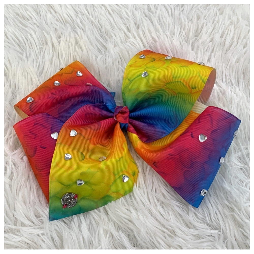 JoJo Siwa Heart Rhinestones Rainbow Colorful Ribbon Cheer Dance Large Bow Clip